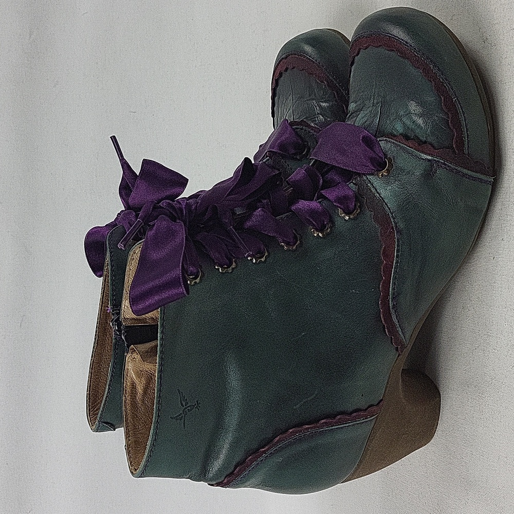 Portofino Women's Teal Leather Ankle Boots with Ribbon Lace Size 39